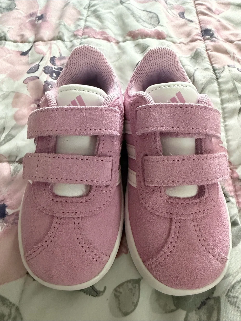 adidas Pink Suede Velcro Kids Sneakers with White Stripes